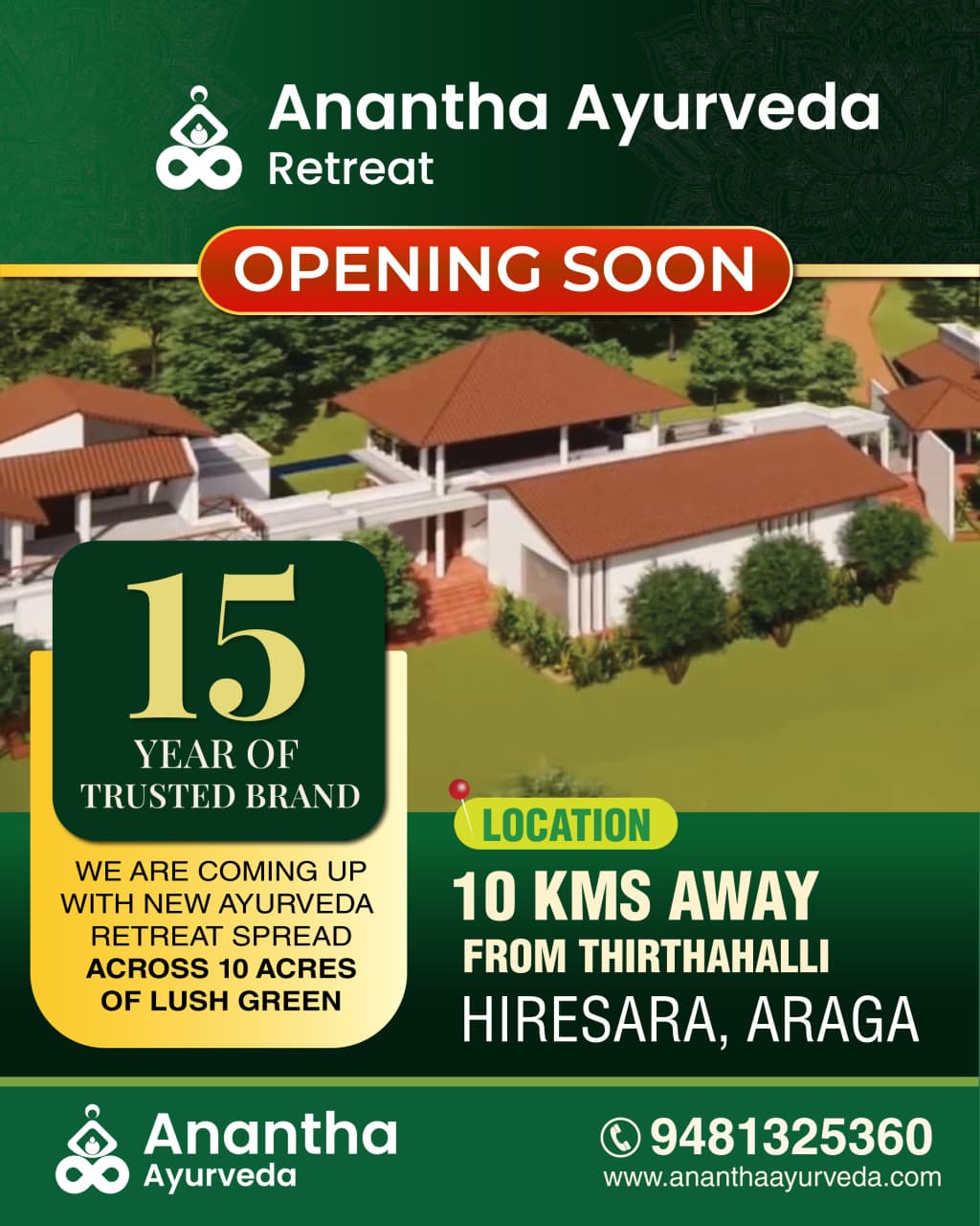 Anantha Ayurveda Retreat Opening Soon - 10 Acres Lush Green in Thirthahalli